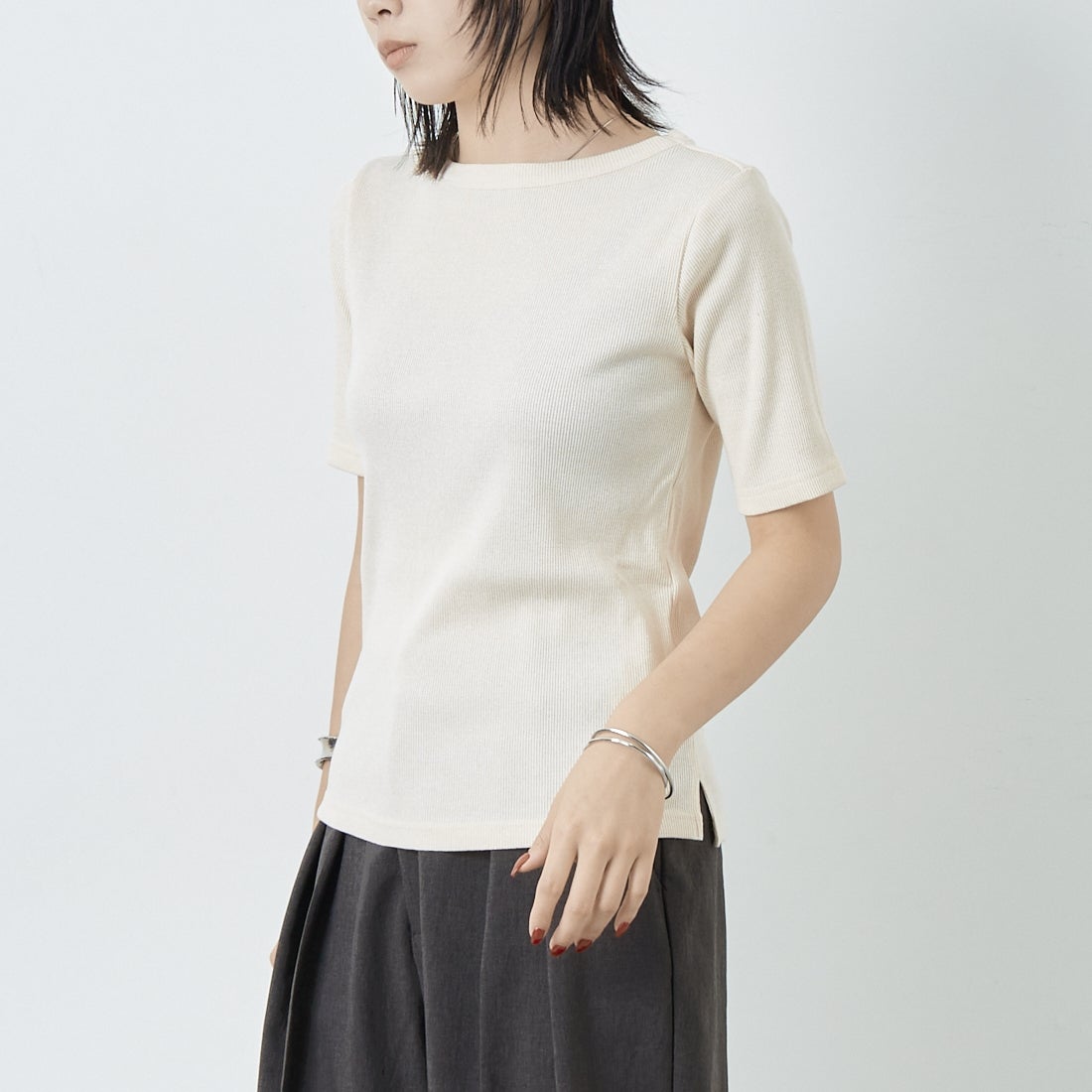 Jeans Factory Clothes [ジーンズファクトリークローズ] ミックスラメ テレコTシャツ [21255055] 031 ｵﾌ &&モデル身長：167cm 着用サイズ：38&&