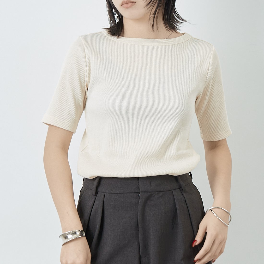 Jeans Factory Clothes [ジーンズファクトリークローズ] ミックスラメ テレコTシャツ [21255055] 031 ｵﾌ &&モデル身長：167cm 着用サイズ：38&&