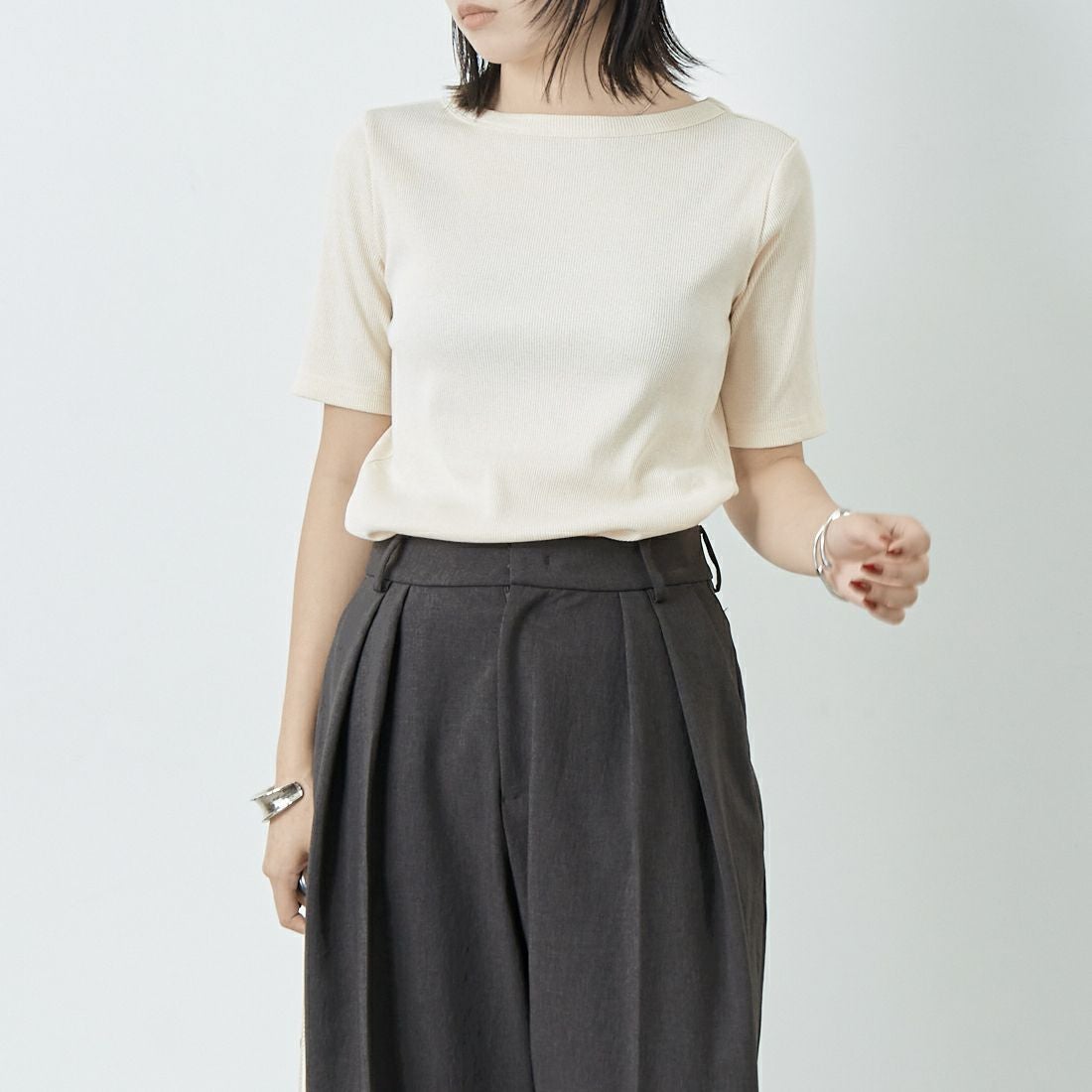 Jeans Factory Clothes [ジーンズファクトリークローズ] ミックスラメ テレコTシャツ [21255055] 031 ｵﾌ &&モデル身長：167cm 着用サイズ：38&&