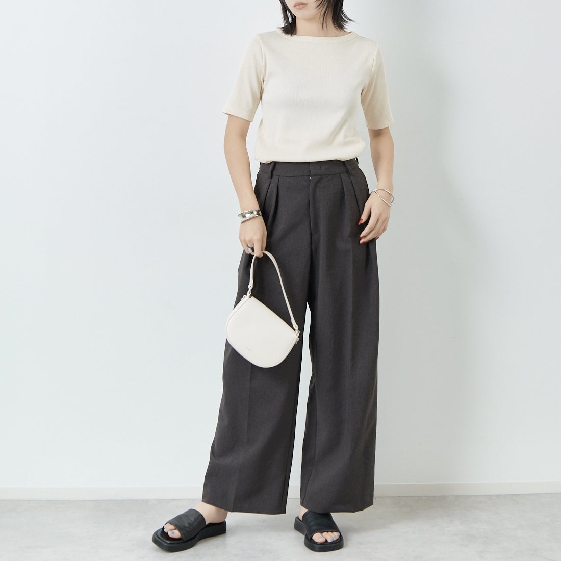 Jeans Factory Clothes [ジーンズファクトリークローズ] ミックスラメ テレコTシャツ [21255055] 031 ｵﾌ &&モデル身長：167cm 着用サイズ：38&&