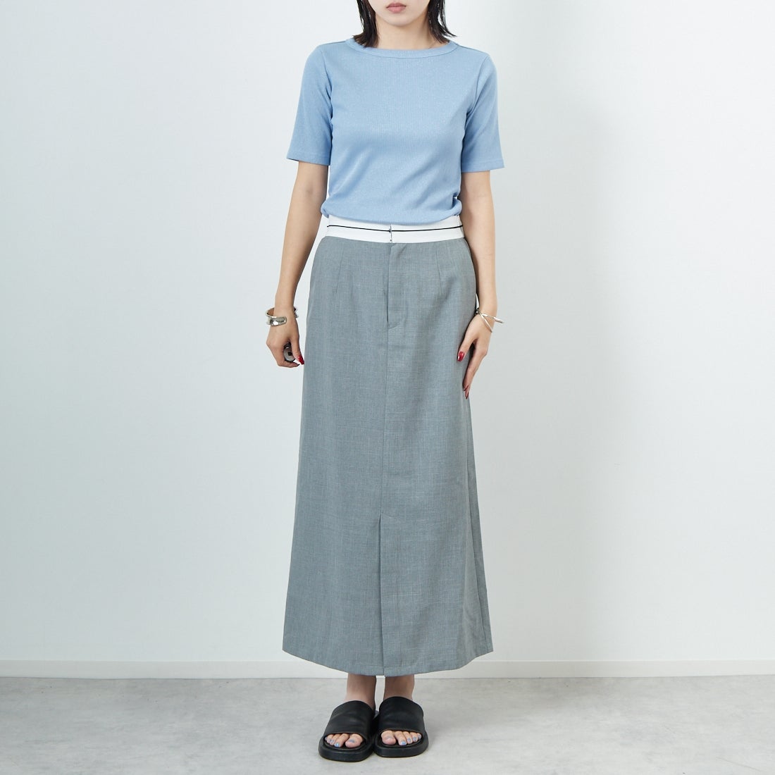 Jeans Factory Clothes [ジーンズファクトリークローズ] ミックスラメ テレコTシャツ [21255055] 073 ｻｯｸｽ &&モデル身長：167cm 着用サイズ：38&&
