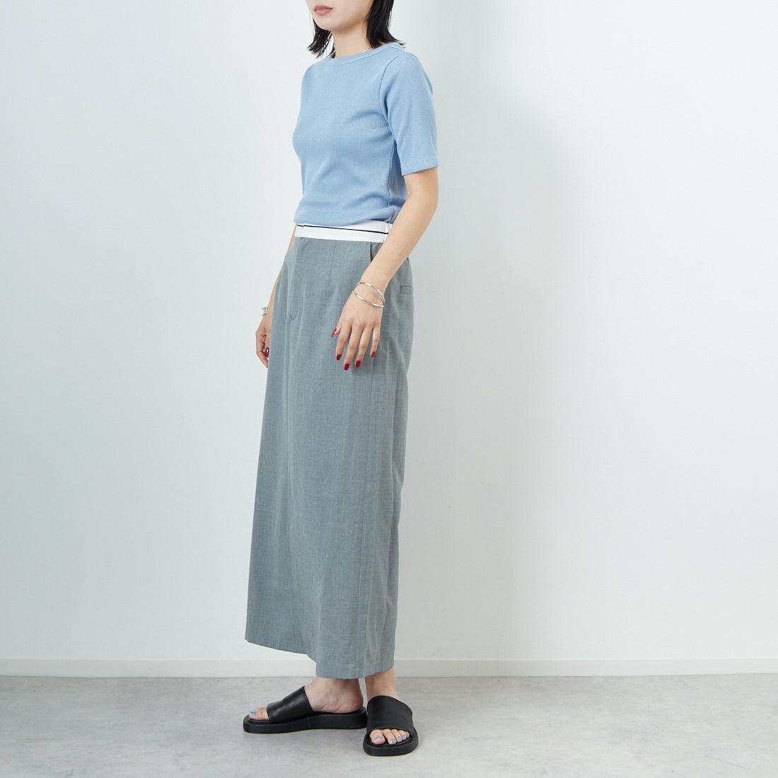 Jeans Factory Clothes [ジーンズファクトリークローズ] ミックスラメ テレコTシャツ [21255055] 073 ｻｯｸｽ &&モデル身長：167cm 着用サイズ：38&&