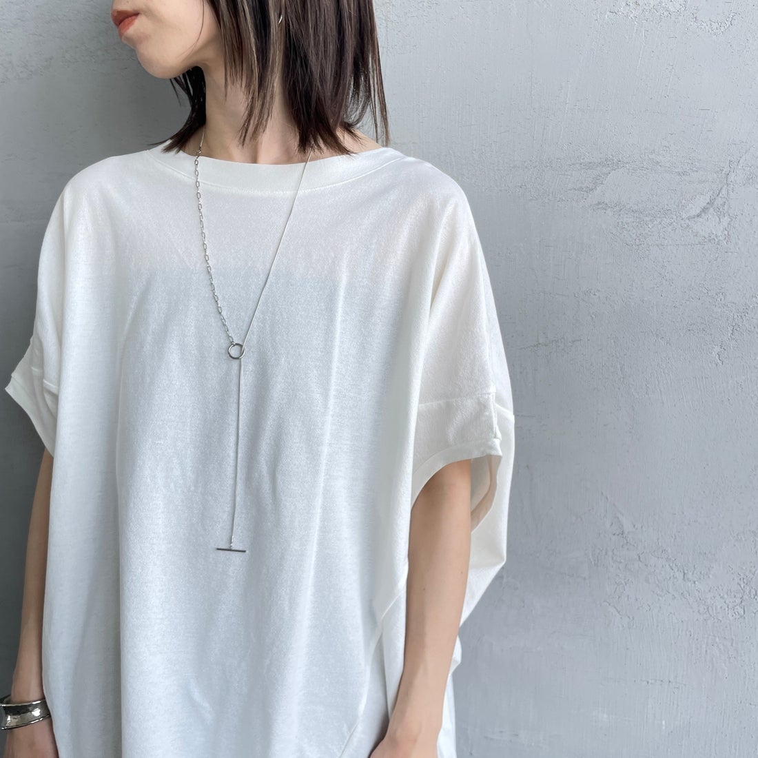 mizuiro ind [ミズイロインド] コクーンワイドプルオーバー [1-210057] 11 O.WHITE &&モデル身長：158cm 着用サイズ：F&&