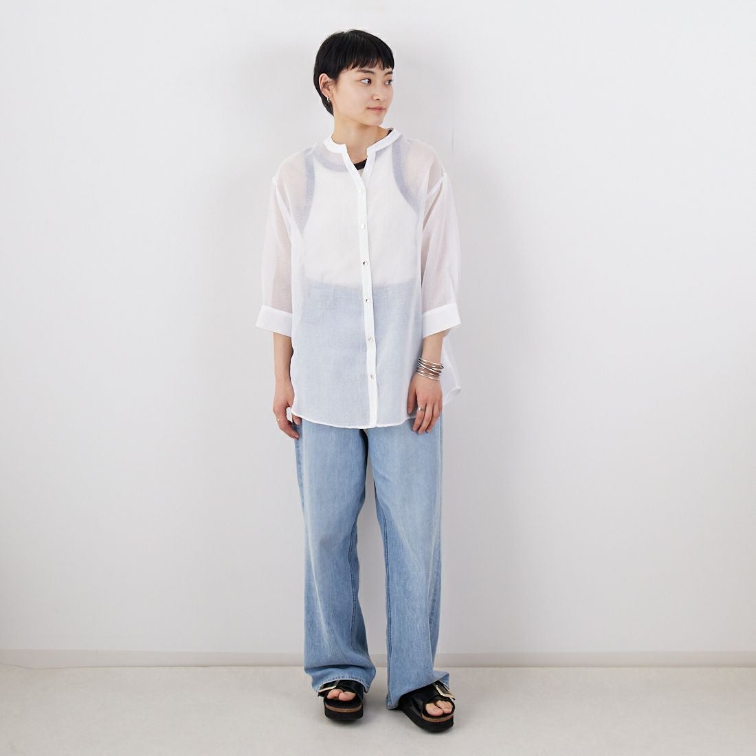 Jf Ready Made [ジェイエフレディメイド] シアーリネンライクブラウス [755111] 01 ﾎﾜｲﾄ &&モデル身長：160cm 着用サイズ：F&&