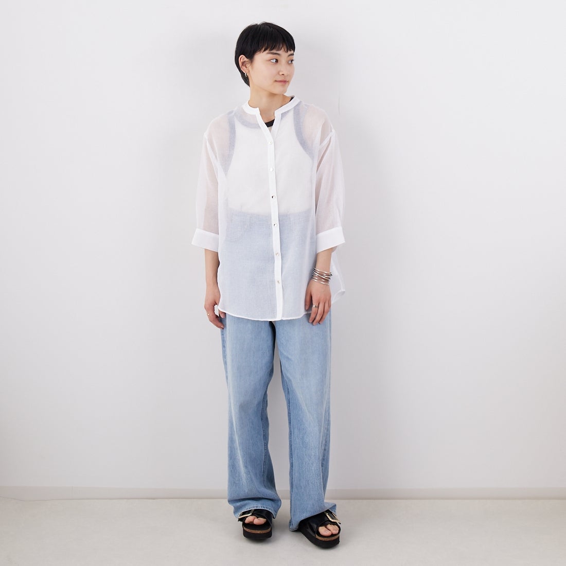 Jf Ready Made [ジェイエフレディメイド] シアーリネンライクブラウス [755111] 01 ﾎﾜｲﾄ &&モデル身長：160cm 着用サイズ：F&&