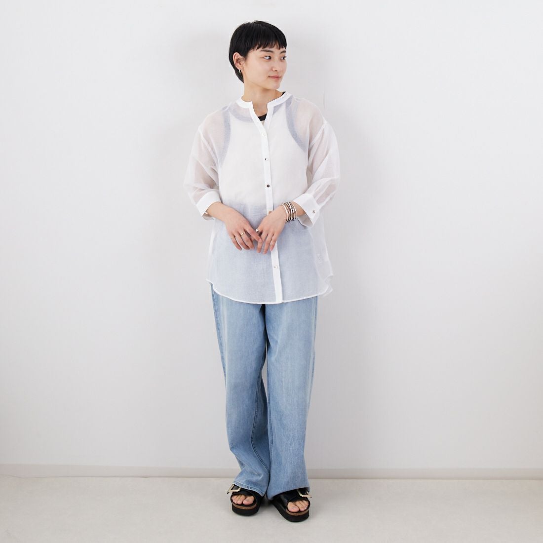 Jf Ready Made [ジェイエフレディメイド] シアーリネンライクブラウス [755111] 01 ﾎﾜｲﾄ &&モデル身長：160cm 着用サイズ：F&&