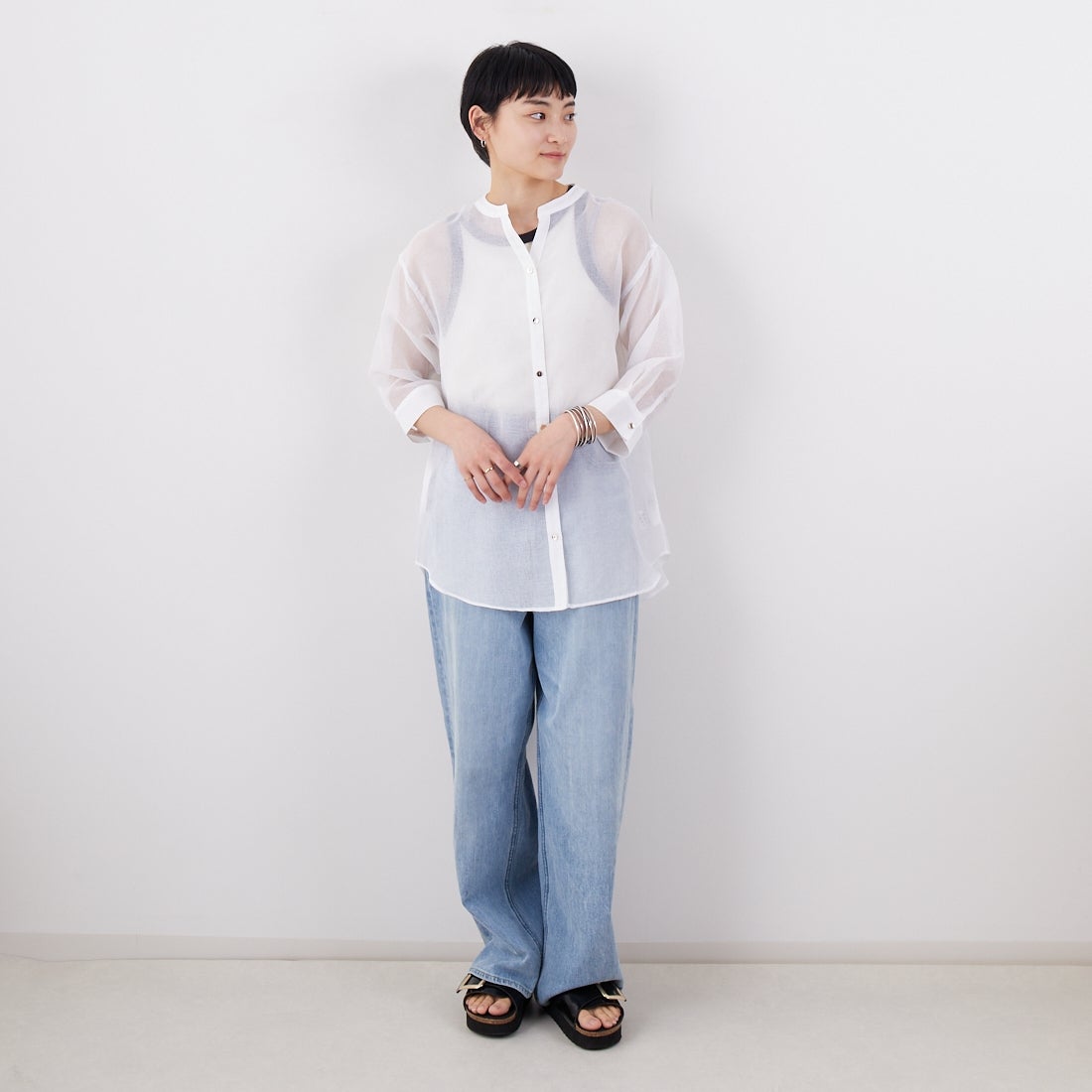 Jf Ready Made [ジェイエフレディメイド] シアーリネンライクブラウス [755111] 01 ﾎﾜｲﾄ &&モデル身長：160cm 着用サイズ：F&&