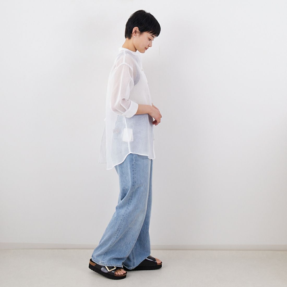 Jf Ready Made [ジェイエフレディメイド] シアーリネンライクブラウス [755111] 01 ﾎﾜｲﾄ &&モデル身長：160cm 着用サイズ：F&&