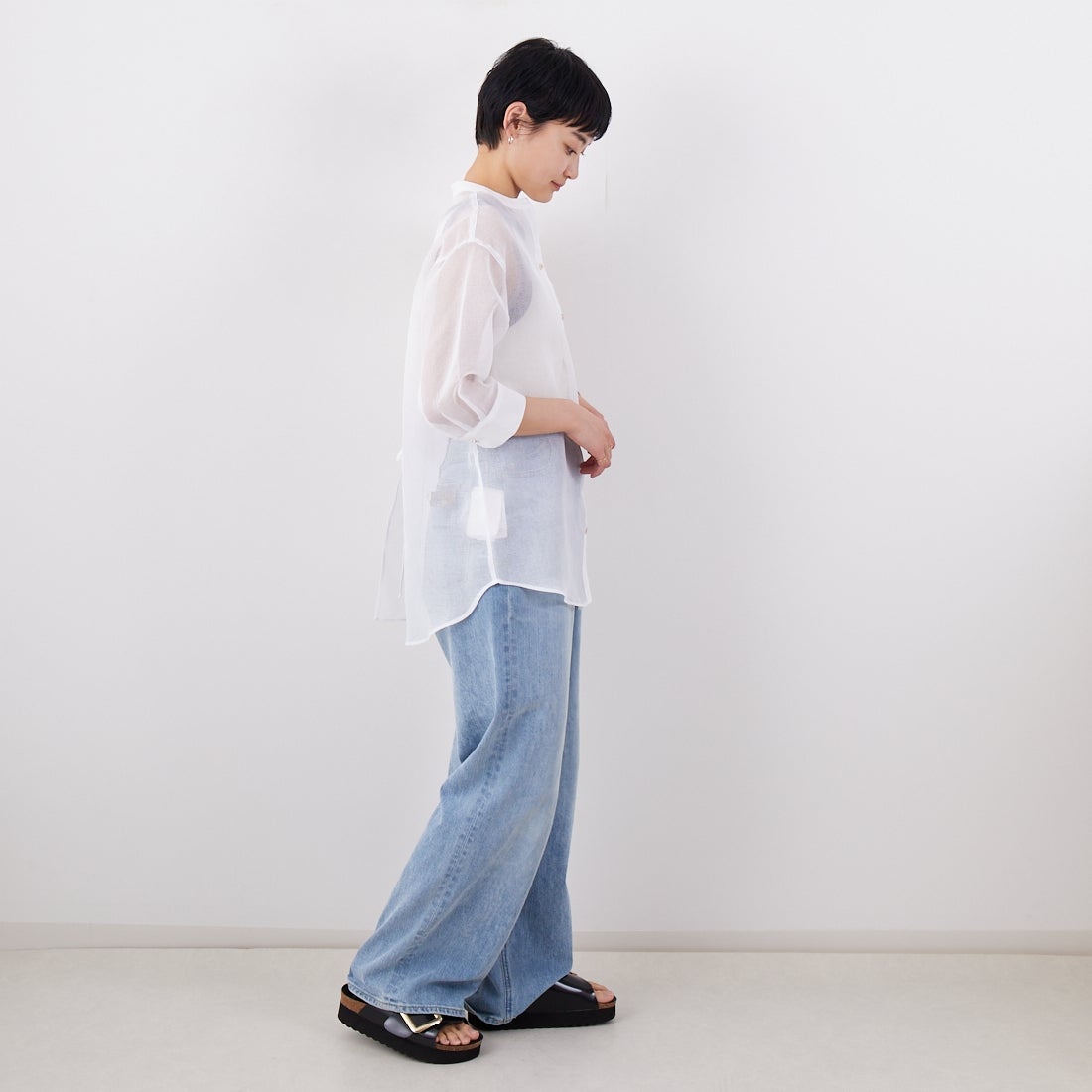 Jf Ready Made [ジェイエフレディメイド] シアーリネンライクブラウス [755111] 01 ﾎﾜｲﾄ &&モデル身長：160cm 着用サイズ：F&&