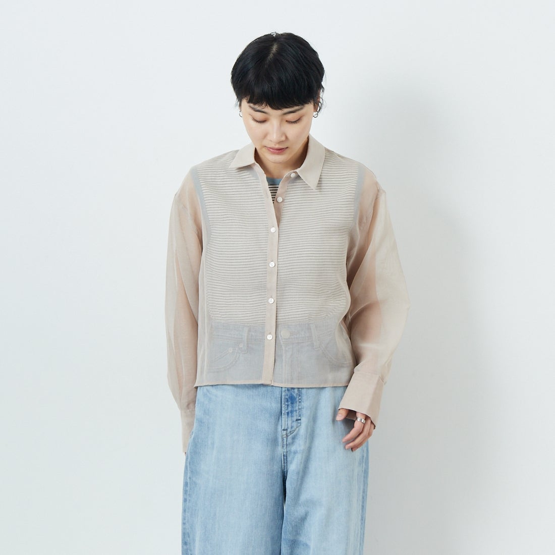 Jf Ready Made [ジェイエフレディメイド] シアーリネンライクブラウス [755110] 36 Lﾍﾞｰｼﾞｭ &&モデル身長：160cm 着用サイズ：F&&