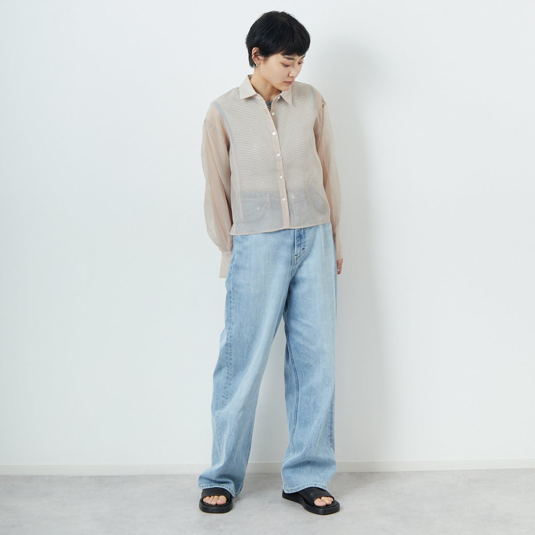 Jf Ready Made [ジェイエフレディメイド] シアーリネンライクブラウス [755110] 36 Lﾍﾞｰｼﾞｭ &&モデル身長：160cm 着用サイズ：F&&