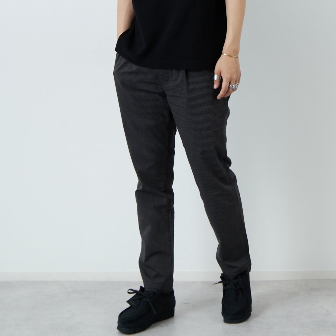 Jeans Factory Clothes [ジーンズファクトリークローズ] クールマックス サッカー1Pイージートラウザー [JFC-252-006] BLKｽﾄﾗｲﾌﾟ &&モデル身長：179cm 着用サイズ：L&&