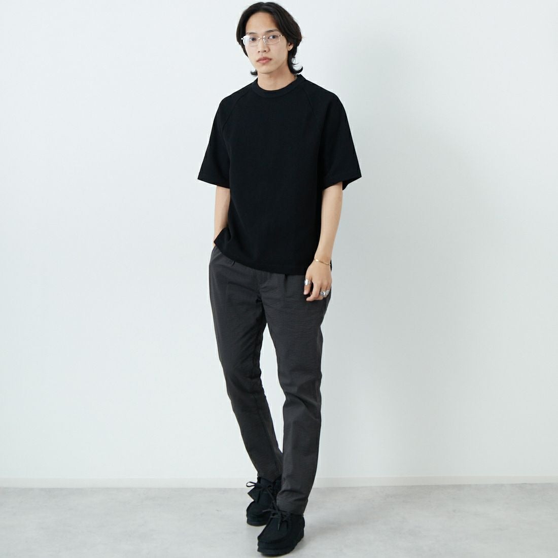 Jeans Factory Clothes [ジーンズファクトリークローズ] クールマックス サッカー1Pイージートラウザー [JFC-252-006] BLKｽﾄﾗｲﾌﾟ &&モデル身長：179cm 着用サイズ：L&&