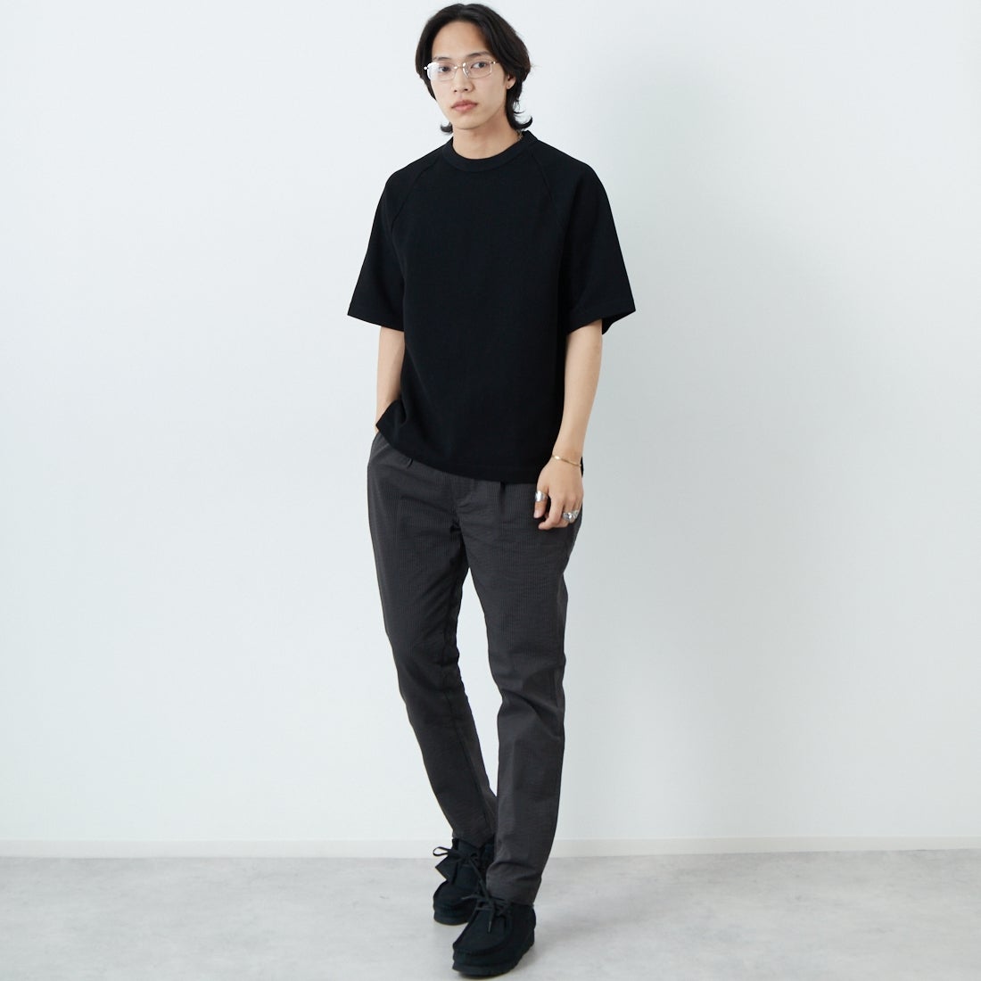 Jeans Factory Clothes [ジーンズファクトリークローズ] クールマックス サッカー1Pイージートラウザー [JFC-252-006] BLKｽﾄﾗｲﾌﾟ &&モデル身長：179cm 着用サイズ：L&&