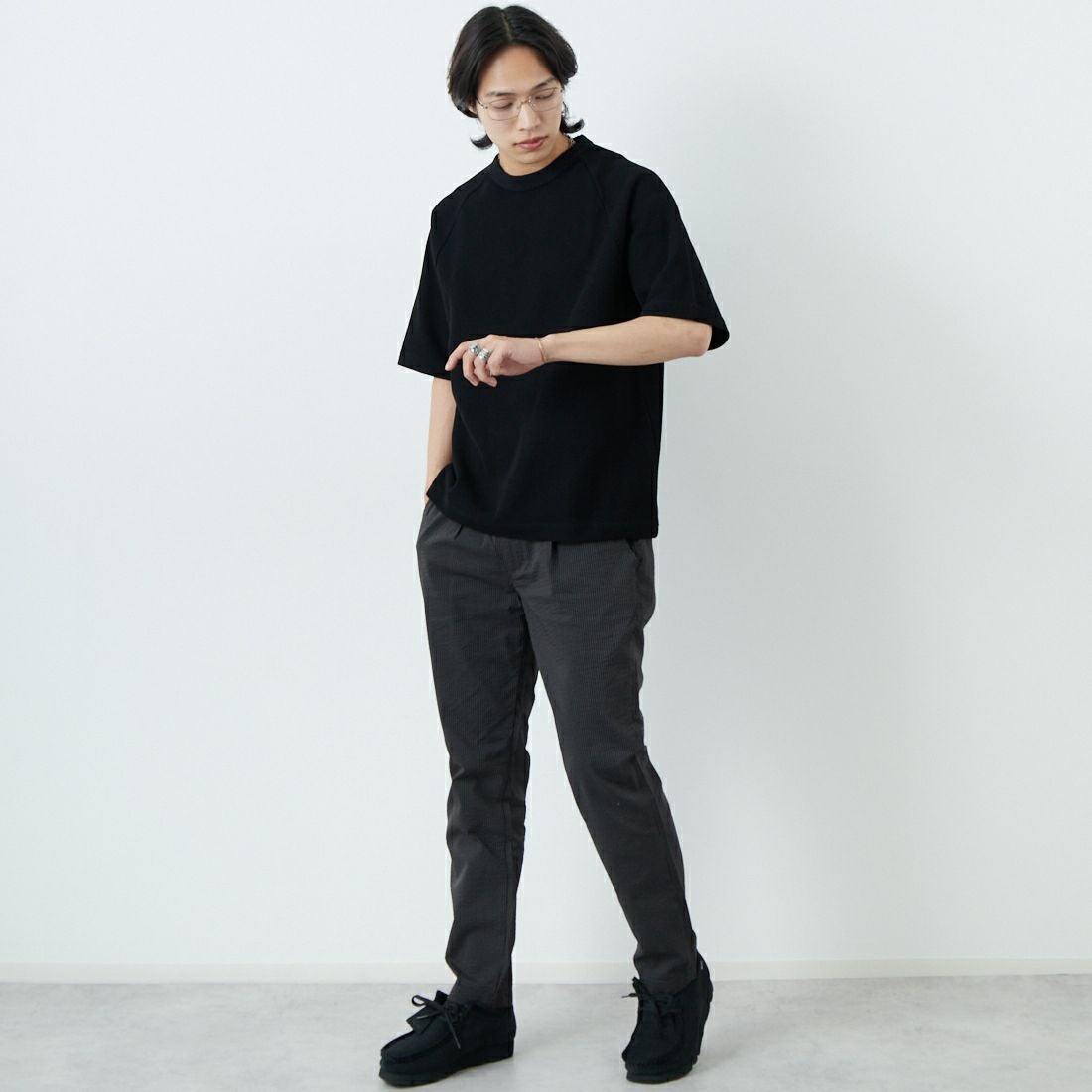 Jeans Factory Clothes [ジーンズファクトリークローズ] クールマックス サッカー1Pイージートラウザー [JFC-252-006] BLKｽﾄﾗｲﾌﾟ &&モデル身長：179cm 着用サイズ：L&&