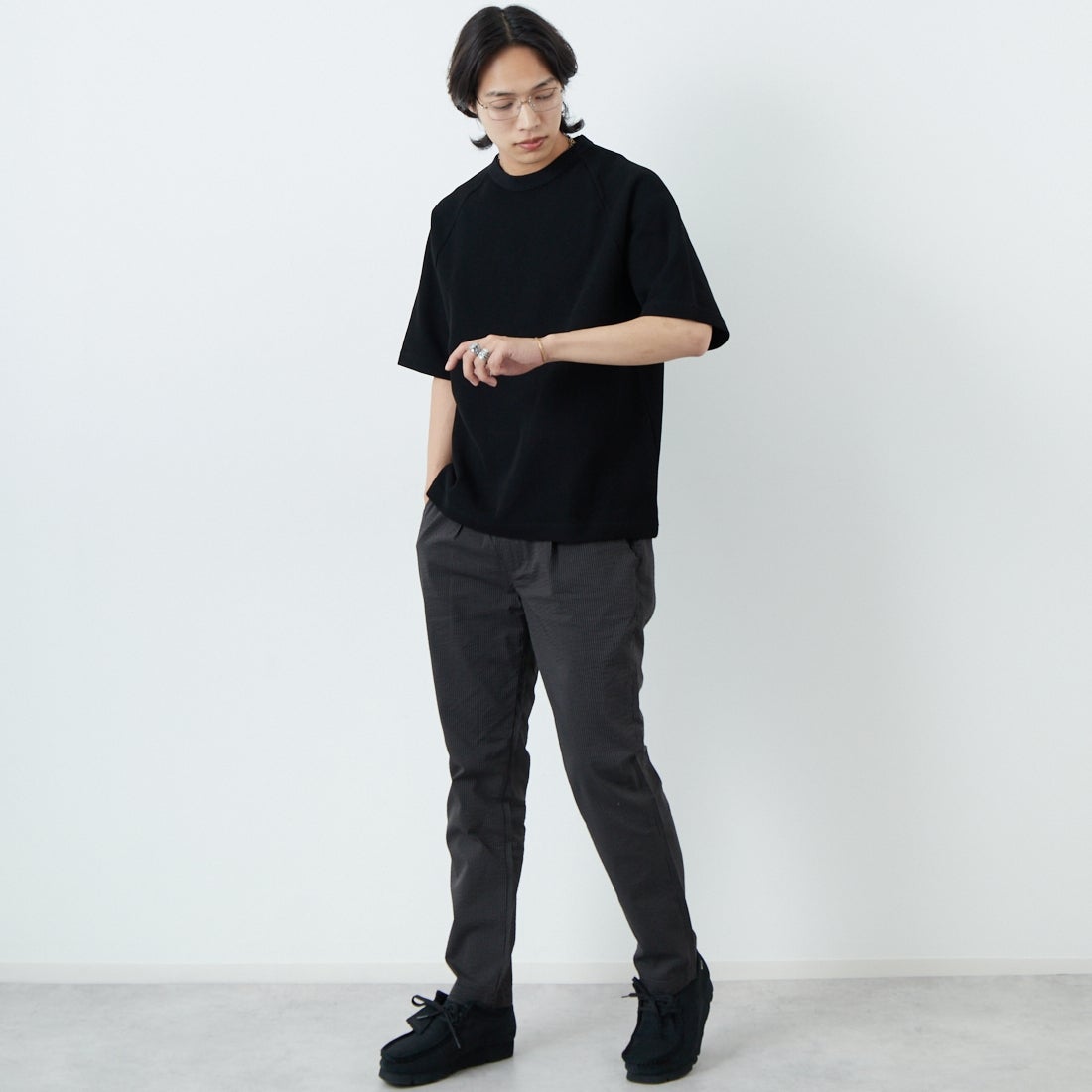 Jeans Factory Clothes [ジーンズファクトリークローズ] クールマックス サッカー1Pイージートラウザー [JFC-252-006] BLKｽﾄﾗｲﾌﾟ &&モデル身長：179cm 着用サイズ：L&&