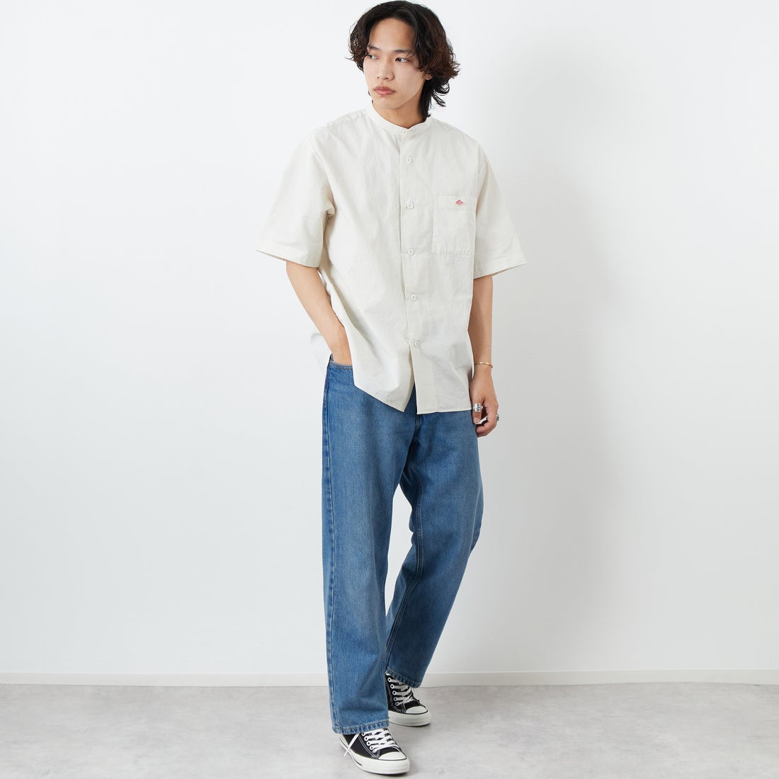 DANTON [ダントン] コットンリネン バンドカラーシャツ [JD-3788SCL] IVORY &&モデル身長：179cm 着用サイズ：42&&