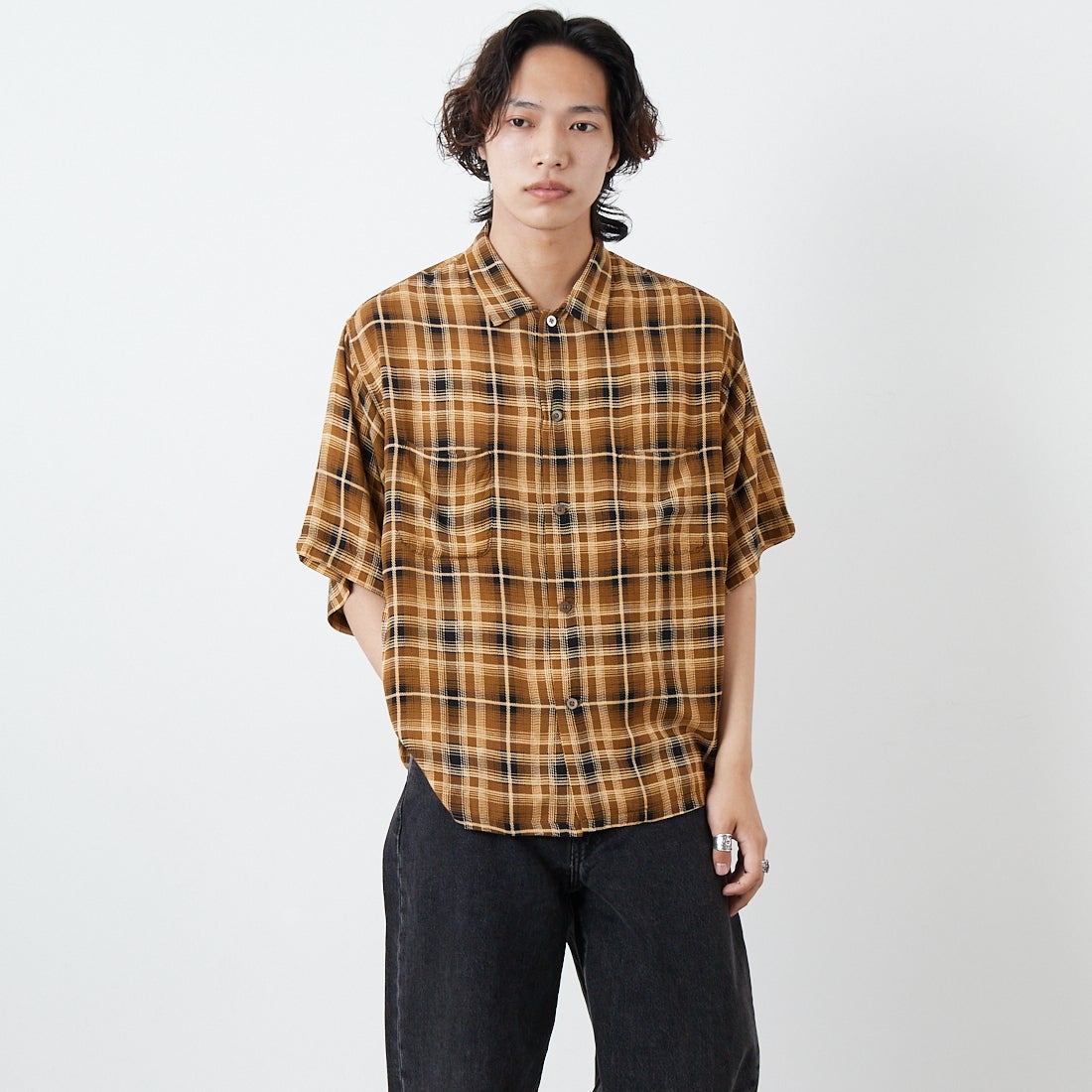 DAN RIVER [ダンリバー] 別注 レーヨンチェック ボックスショートスリーブシャツ [DR25S002-JF] OLV CHK &&モデル身長：179cm 着用サイズ：L&&