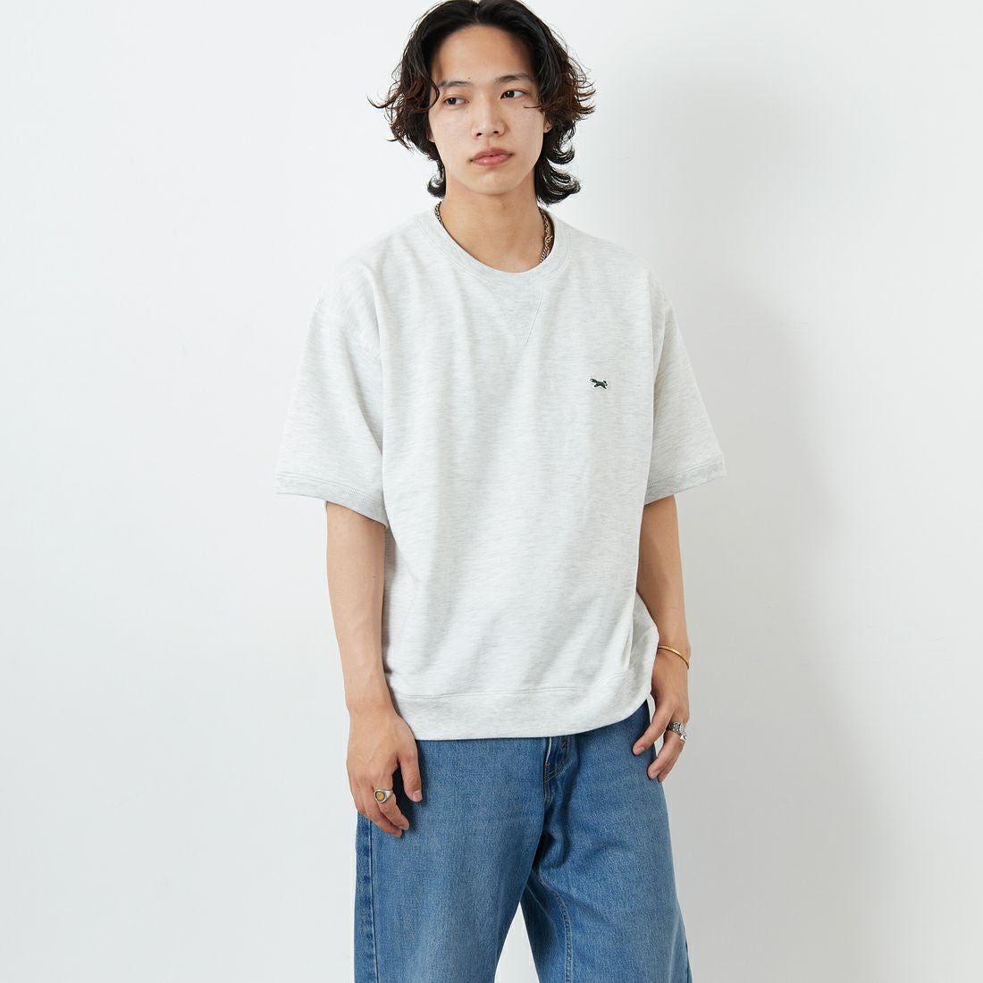 THE FOX [ザフォックス] 別注 ワンポイントロゴワッペン ミニ裏毛 WガゼットTシャツ [JFU25SS-12-JF] LT.GRAY &&モデル身長：179cm 着用サイズ：L&&