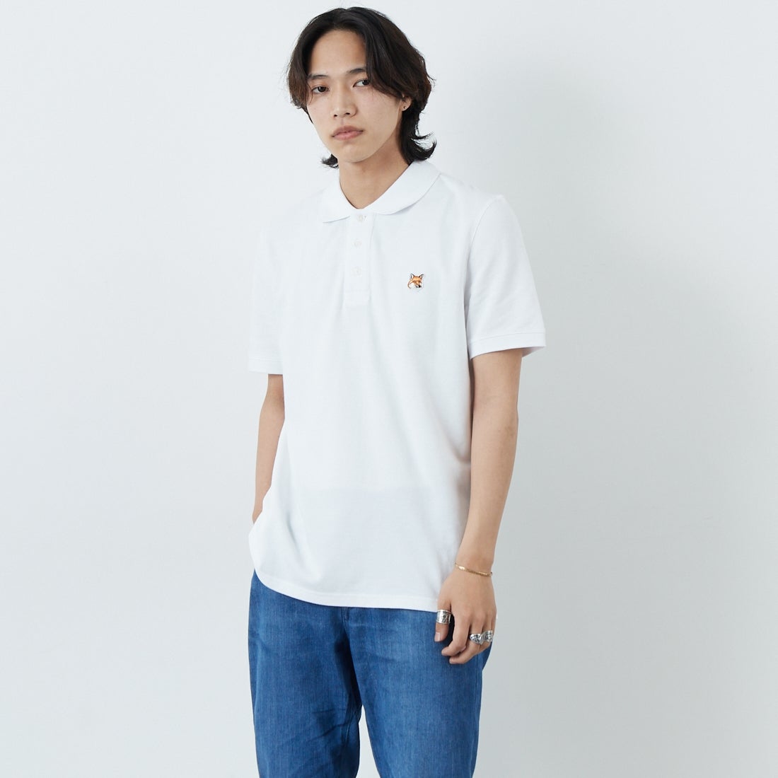MAISON KITSUNE [メゾン キツネ] フォックスヘッド パッチ レギュラー ポロ [LM00208KJ7002] P100 WHITE &&モデル身長：179cm 着用サイズ：M&&