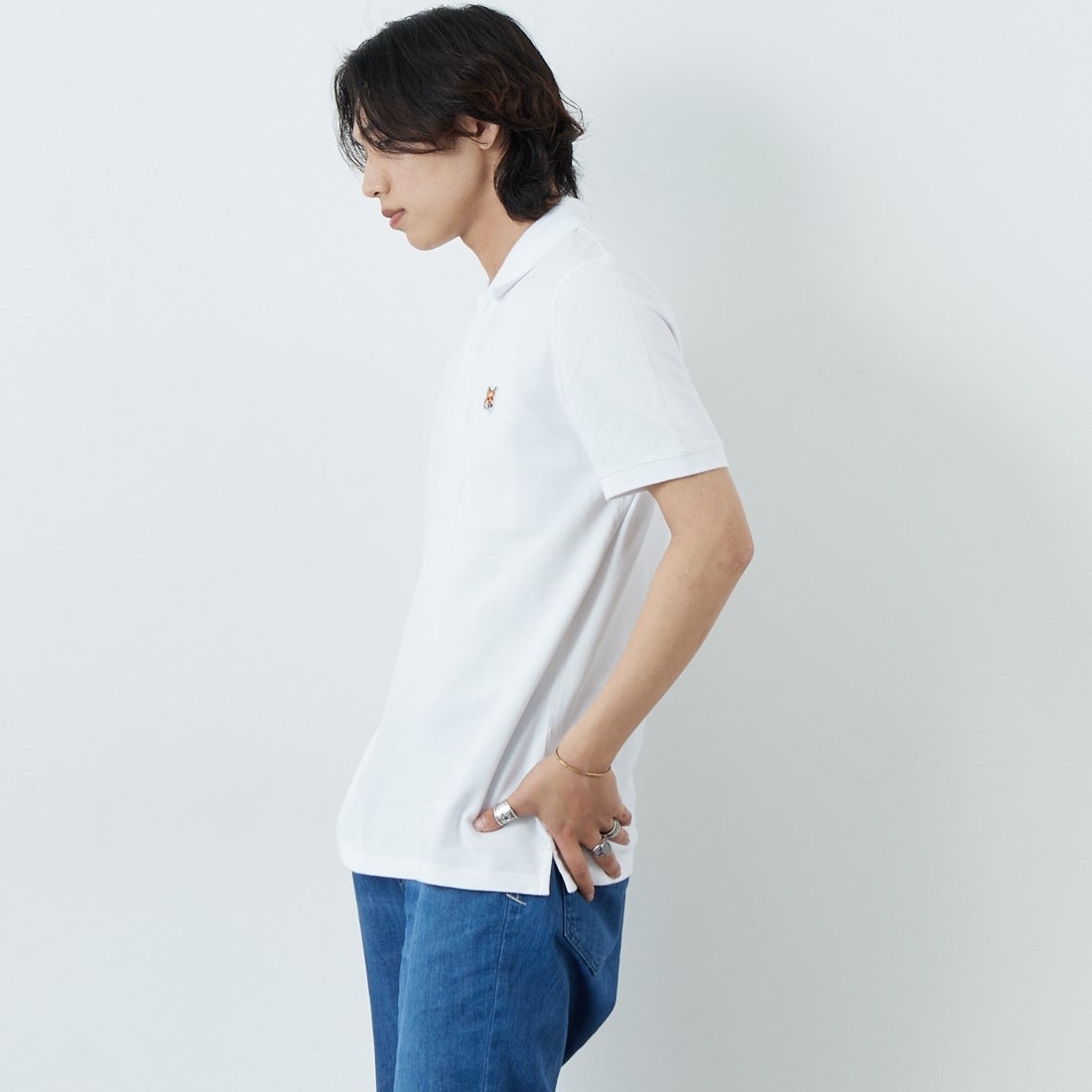 MAISON KITSUNE [メゾン キツネ] フォックスヘッド パッチ レギュラー ポロ [LM00208KJ7002] P100 WHITE &&モデル身長：179cm 着用サイズ：M&&