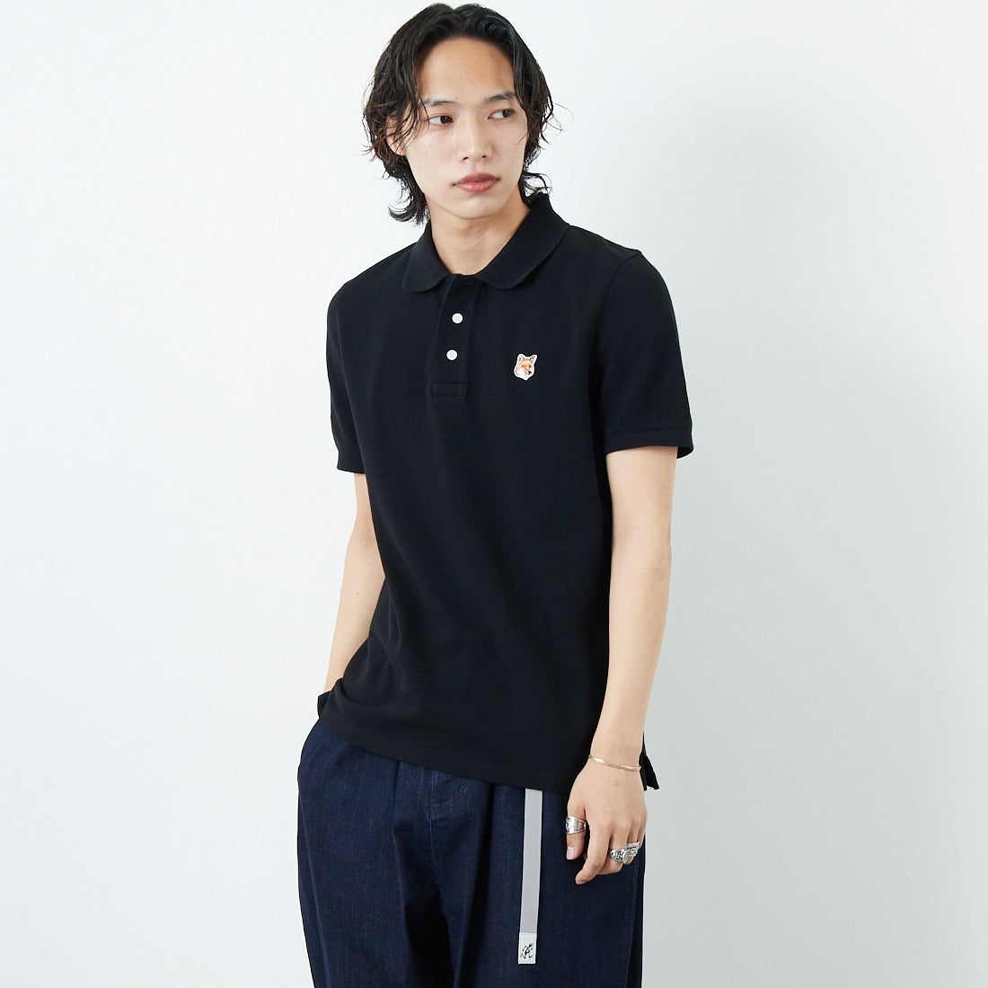 MAISON KITSUNE [メゾン キツネ] フォックスヘッド パッチ レギュラー ポロ [LM00208KJ7002] P199 BLACK &&モデル身長：179cm 着用サイズ：S&&