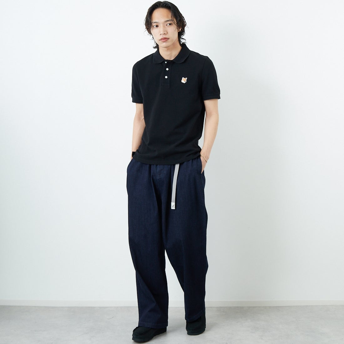 MAISON KITSUNE [メゾン キツネ] フォックスヘッド パッチ レギュラー ポロ [LM00208KJ7002] P199 BLACK &&モデル身長：179cm 着用サイズ：S&&