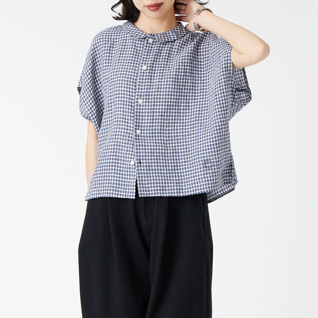 ORCIVAL [オーシバル] ノースリーブリネンチェックシャツ [OR-B0360LCH] NVY/WHT CK &&モデル身長：162cm 着用サイズ：1&&