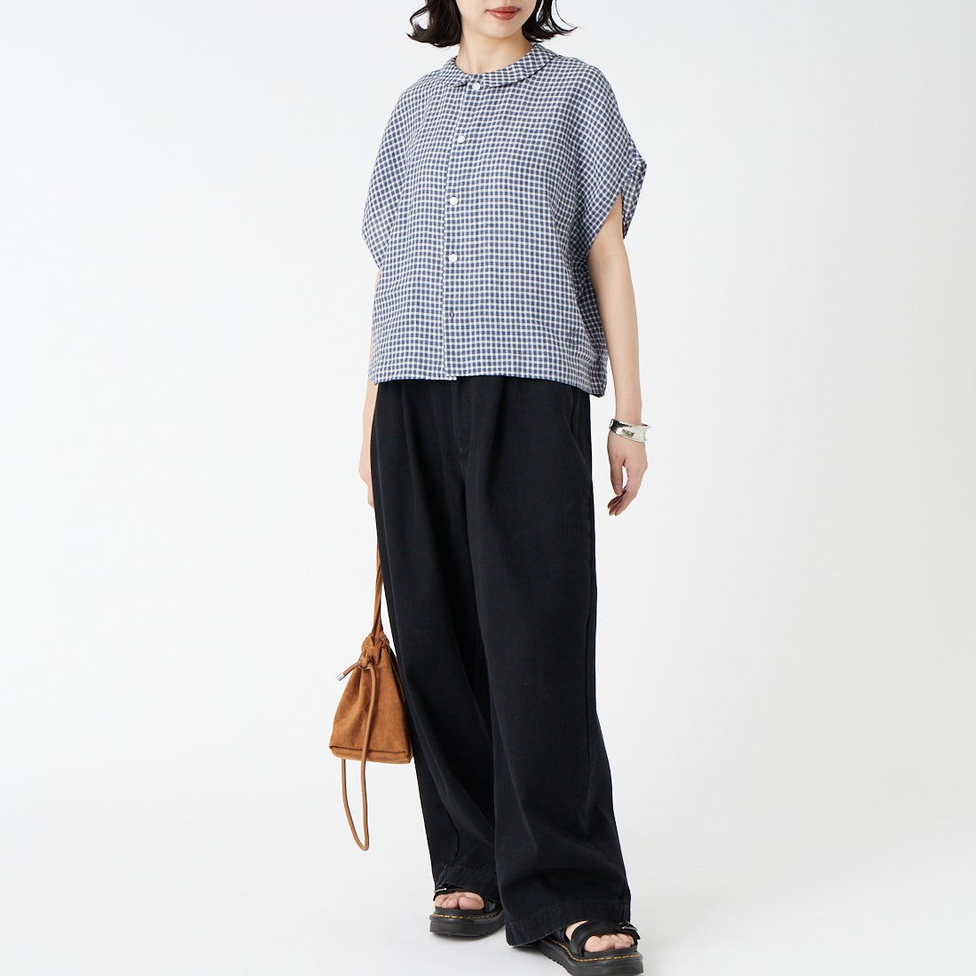 ORCIVAL [オーシバル] ノースリーブリネンチェックシャツ [OR-B0360LCH] NVY/WHT CK &&モデル身長：162cm 着用サイズ：1&&