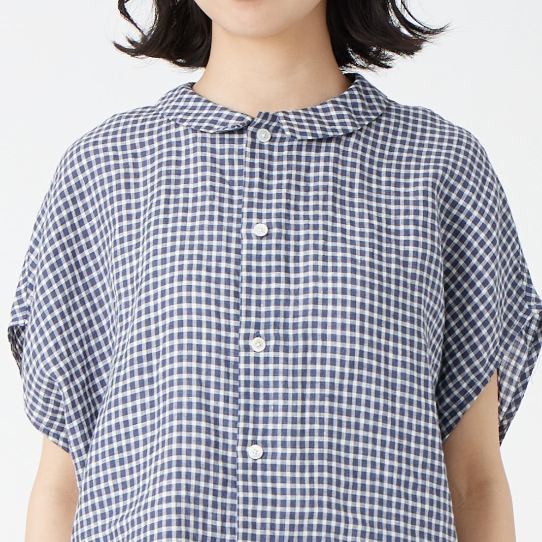 ORCIVAL [オーシバル] ノースリーブリネンチェックシャツ [OR-B0360LCH] NVY/WHT CK &&モデル身長：162cm 着用サイズ：1&&