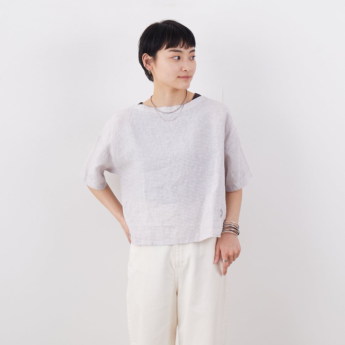 ORCIVAL [オーシバル] ボートネックリネンチェックプルオーバー [OR-B0388LCH] WH/TAUPE C &&モデル身長：160cm 着用サイズ：1&&