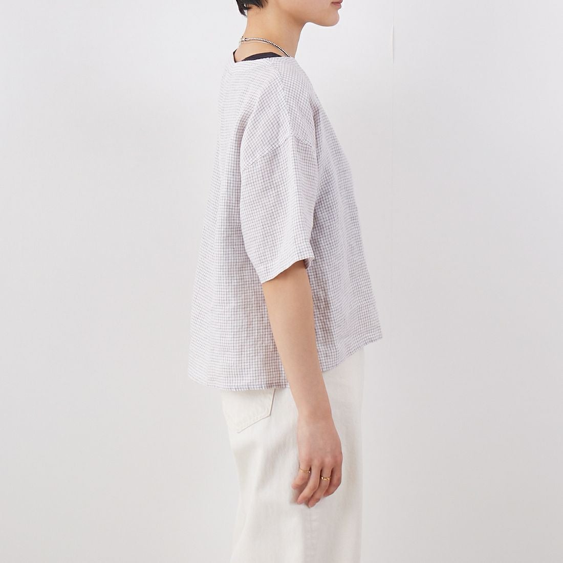 ORCIVAL [オーシバル] ボートネックリネンチェックプルオーバー [OR-B0388LCH] WH/TAUPE C &&モデル身長：160cm 着用サイズ：1&&