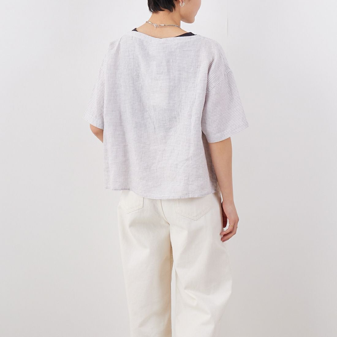 ORCIVAL [オーシバル] ボートネックリネンチェックプルオーバー [OR-B0388LCH] WH/TAUPE C &&モデル身長：160cm 着用サイズ：1&&