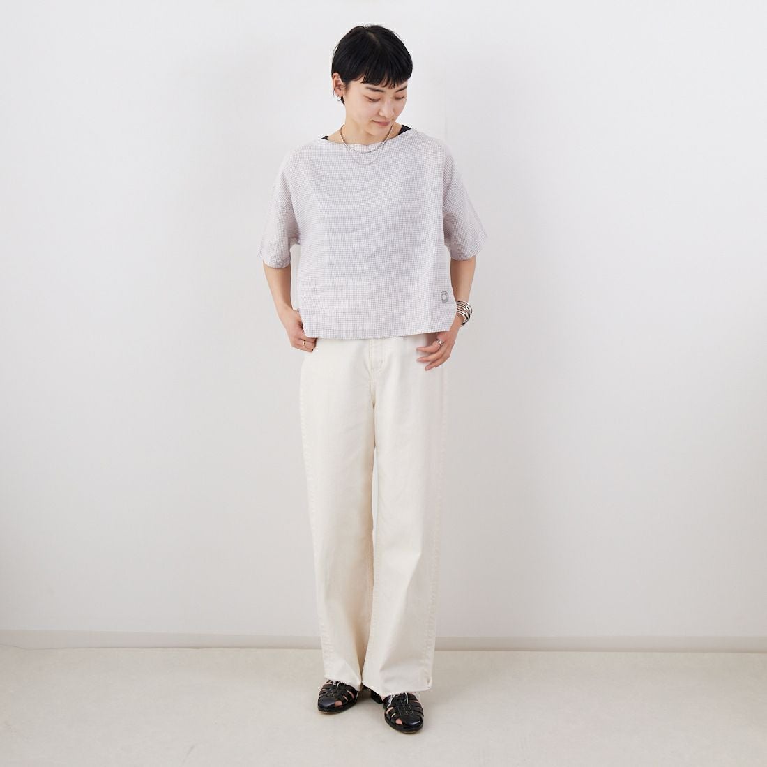 ORCIVAL [オーシバル] ボートネックリネンチェックプルオーバー [OR-B0388LCH] WH/TAUPE C &&モデル身長：160cm 着用サイズ：1&&