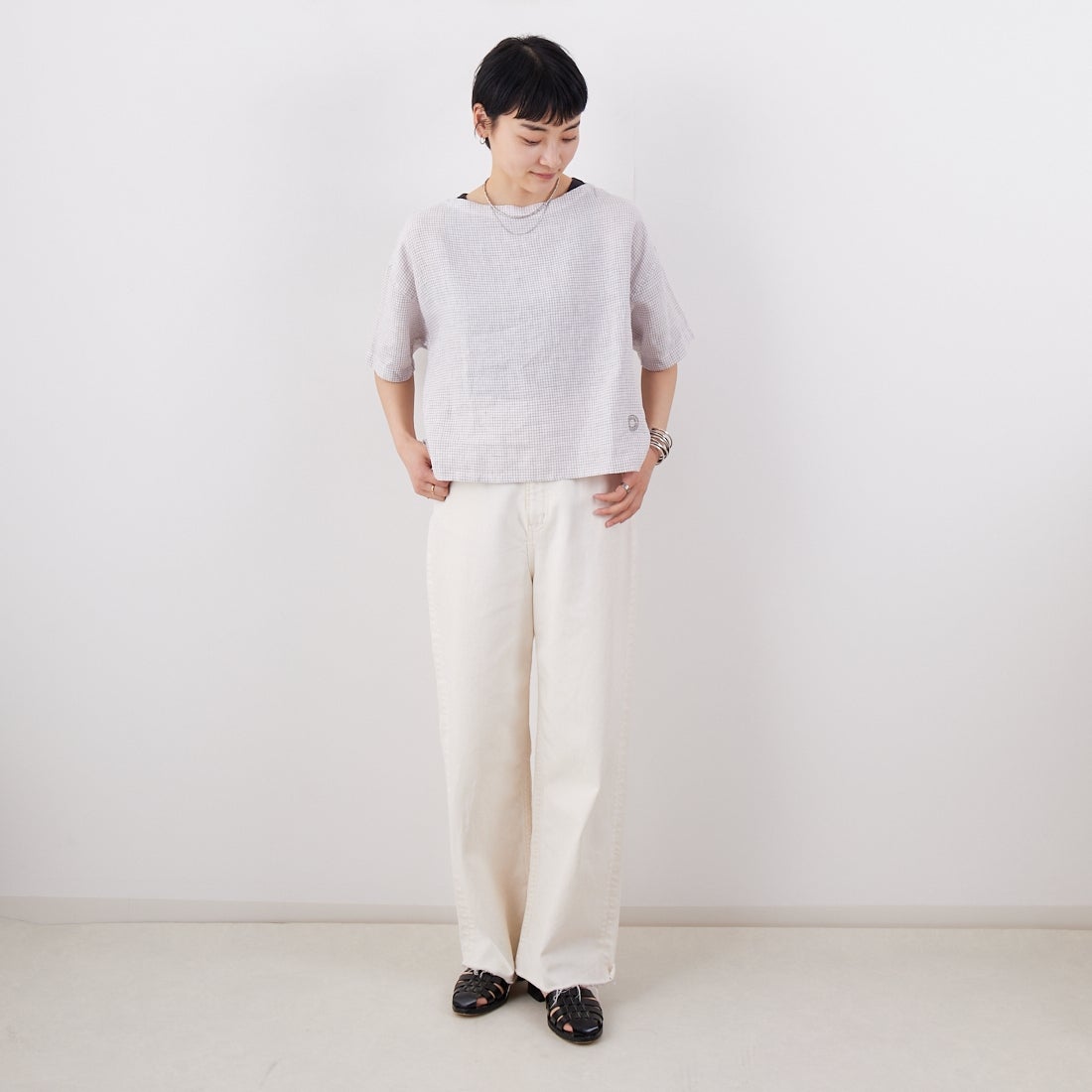 ORCIVAL [オーシバル] ボートネックリネンチェックプルオーバー [OR-B0388LCH] WH/TAUPE C &&モデル身長：160cm 着用サイズ：1&&