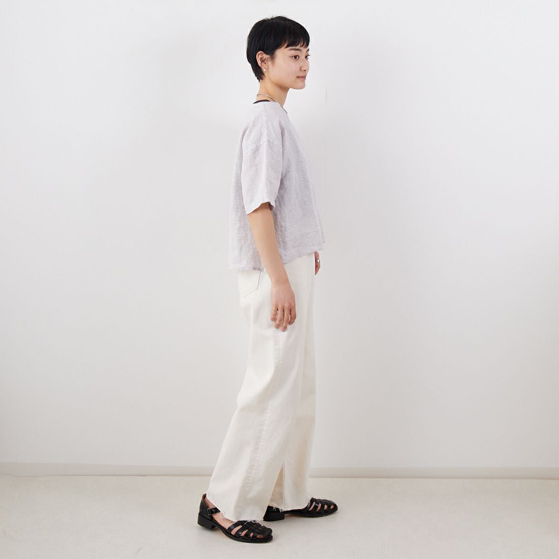 ORCIVAL [オーシバル] ボートネックリネンチェックプルオーバー [OR-B0388LCH] WH/TAUPE C &&モデル身長：160cm 着用サイズ：1&&