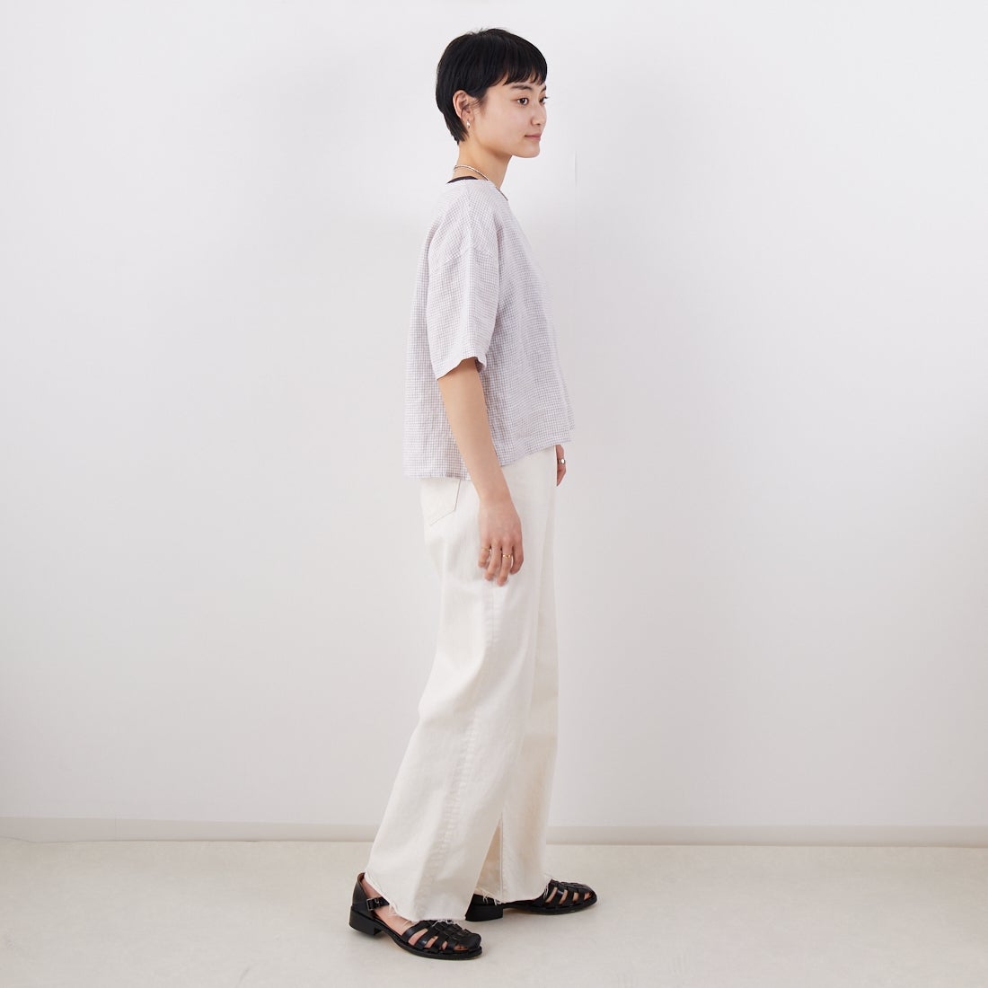 ORCIVAL [オーシバル] ボートネックリネンチェックプルオーバー [OR-B0388LCH] WH/TAUPE C &&モデル身長：160cm 着用サイズ：1&&