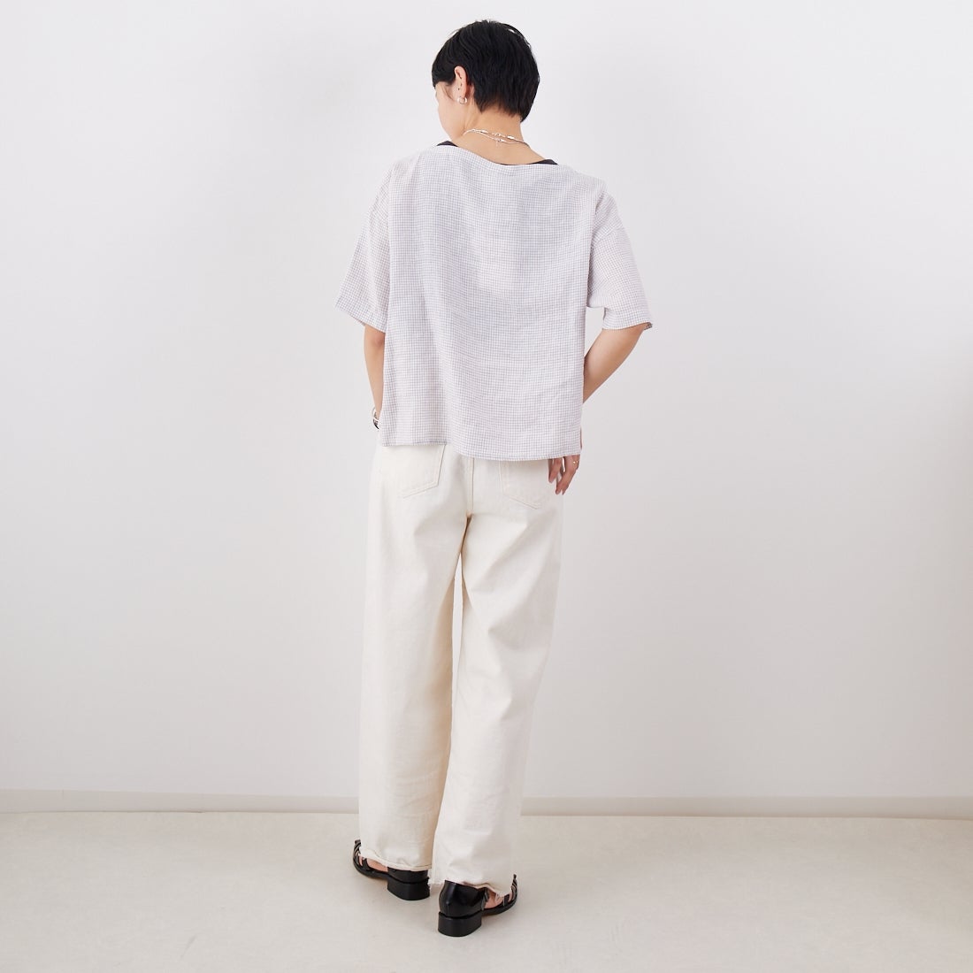 ORCIVAL [オーシバル] ボートネックリネンチェックプルオーバー [OR-B0388LCH] WH/TAUPE C &&モデル身長：160cm 着用サイズ：1&&