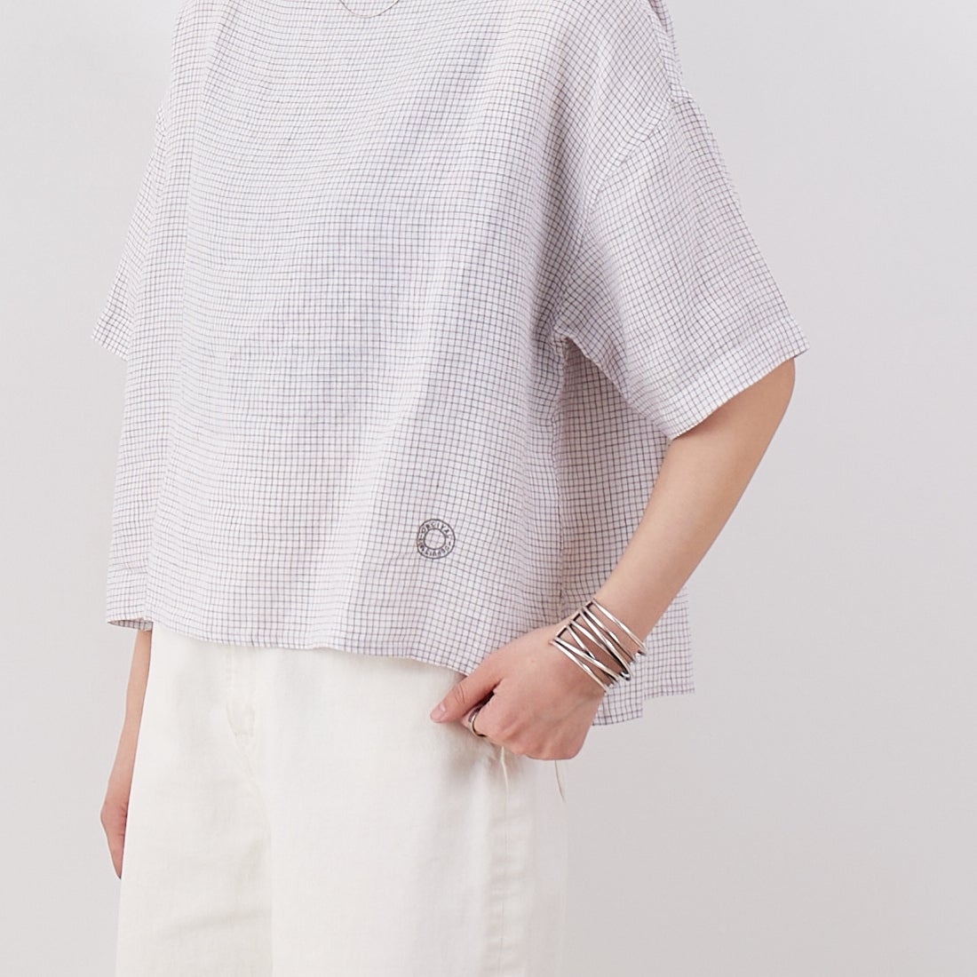 ORCIVAL [オーシバル] ボートネックリネンチェックプルオーバー [OR-B0388LCH] WH/TAUPE C &&モデル身長：160cm 着用サイズ：1&&