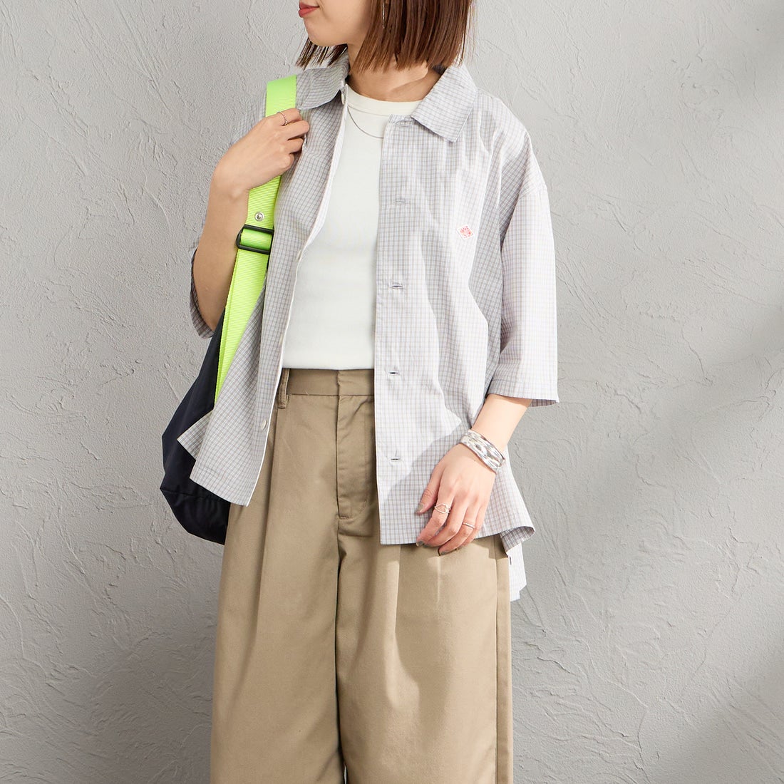 DANTON [ダントン] ハーフスリーブシャツ [DT-B0223CPP] GRY/WHT CK &&モデル身長：159cm 着用サイズ：38&&