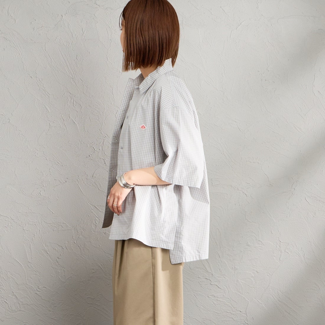 DANTON [ダントン] ハーフスリーブシャツ [DT-B0223CPP] GRY/WHT CK &&モデル身長：159cm 着用サイズ：38&&