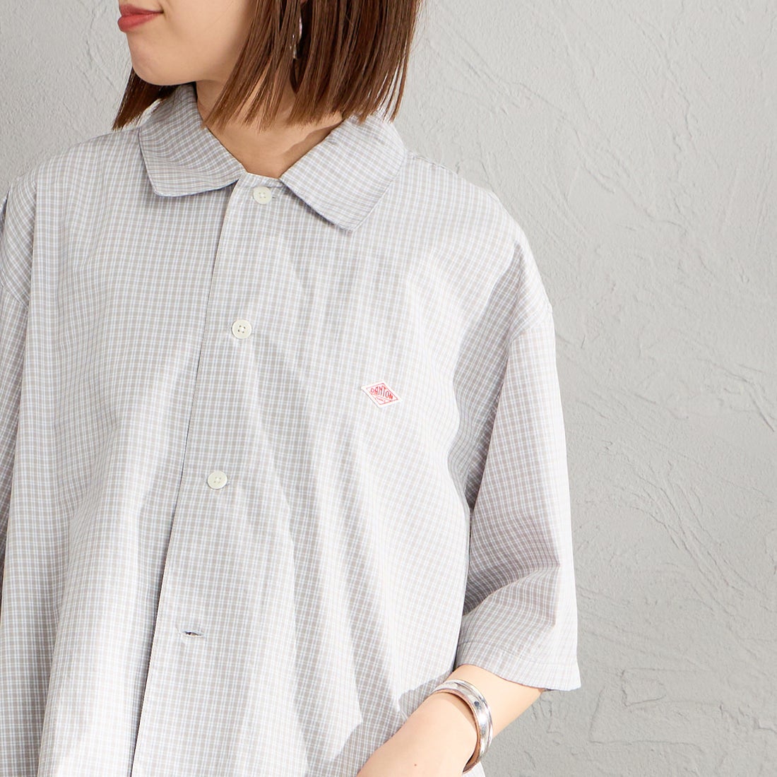 DANTON [ダントン] ハーフスリーブシャツ [DT-B0223CPP] GRY/WHT CK &&モデル身長：159cm 着用サイズ：38&&