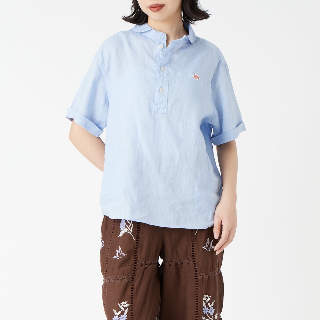 DANTON [ダントン] ラウンドカラー リネンプルオーバーシャツ [DT-B0283FLI] DK.SAX &&モデル身長：162cm 着用サイズ：36&&