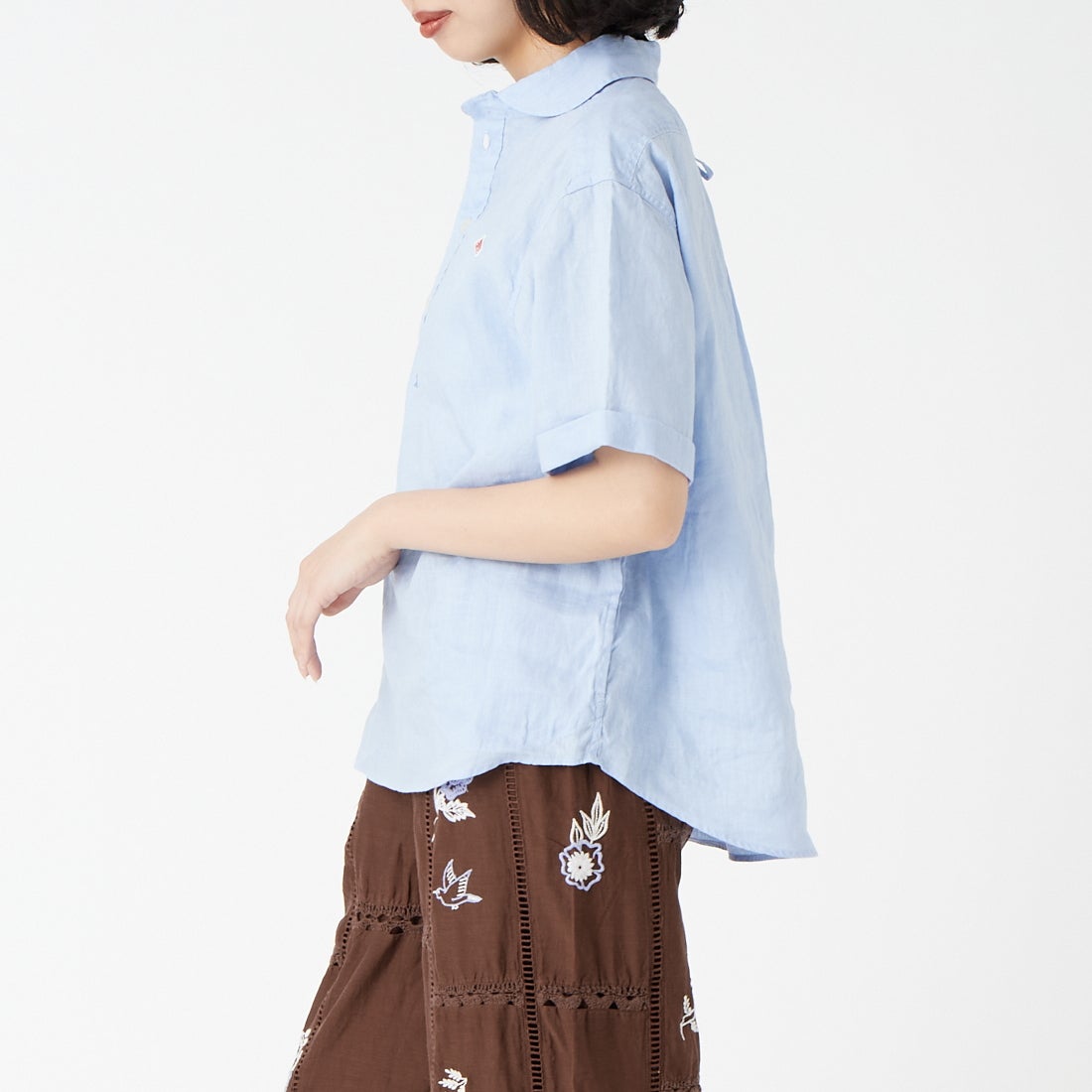 DANTON [ダントン] ラウンドカラー リネンプルオーバーシャツ [DT-B0283FLI] DK.SAX &&モデル身長：162cm 着用サイズ：36&&