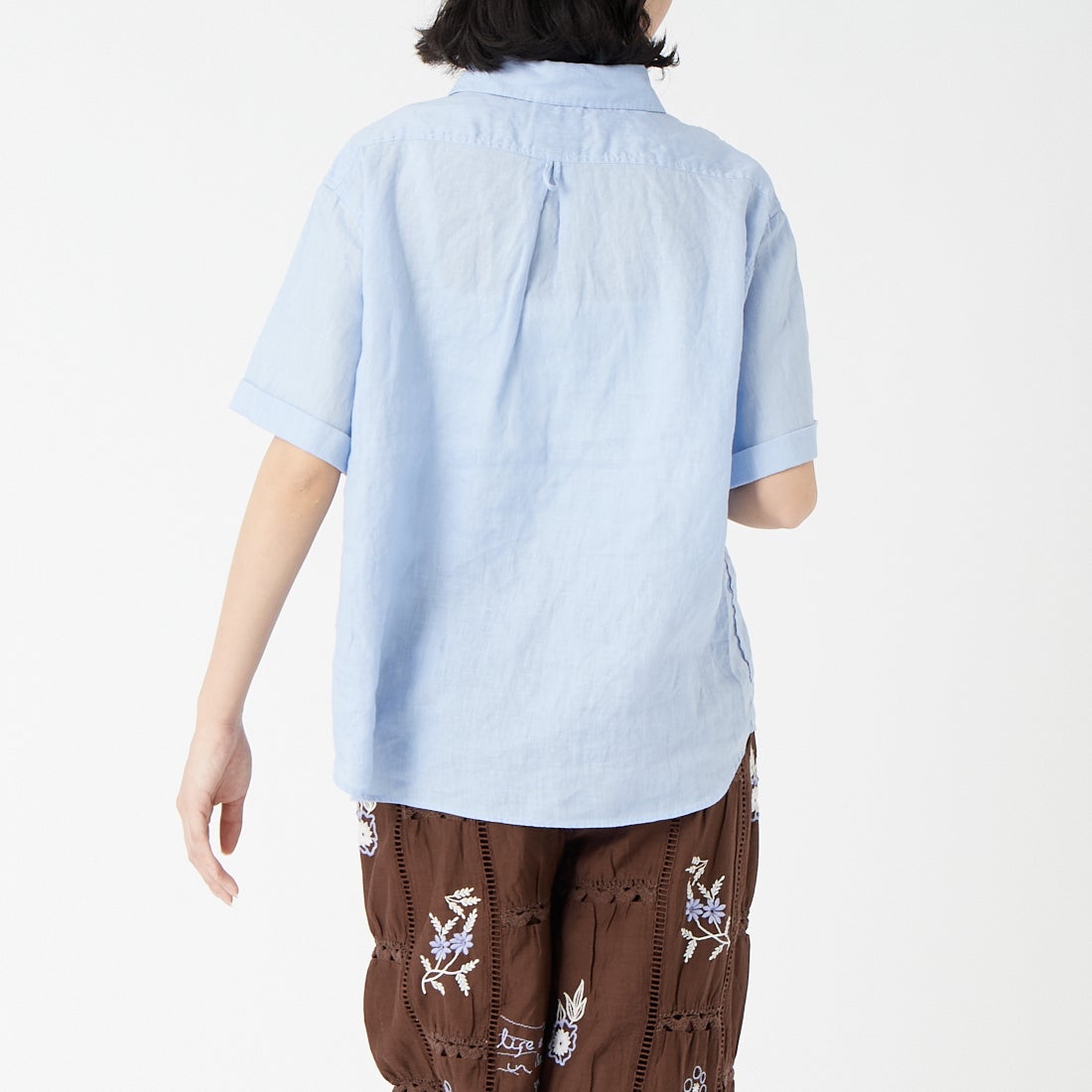 DANTON [ダントン] ラウンドカラー リネンプルオーバーシャツ [DT-B0283FLI] DK.SAX &&モデル身長：162cm 着用サイズ：36&&