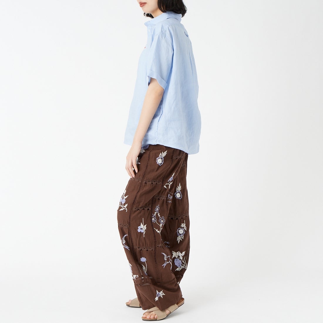 DANTON [ダントン] ラウンドカラー リネンプルオーバーシャツ [DT-B0283FLI] DK.SAX &&モデル身長：162cm 着用サイズ：36&&