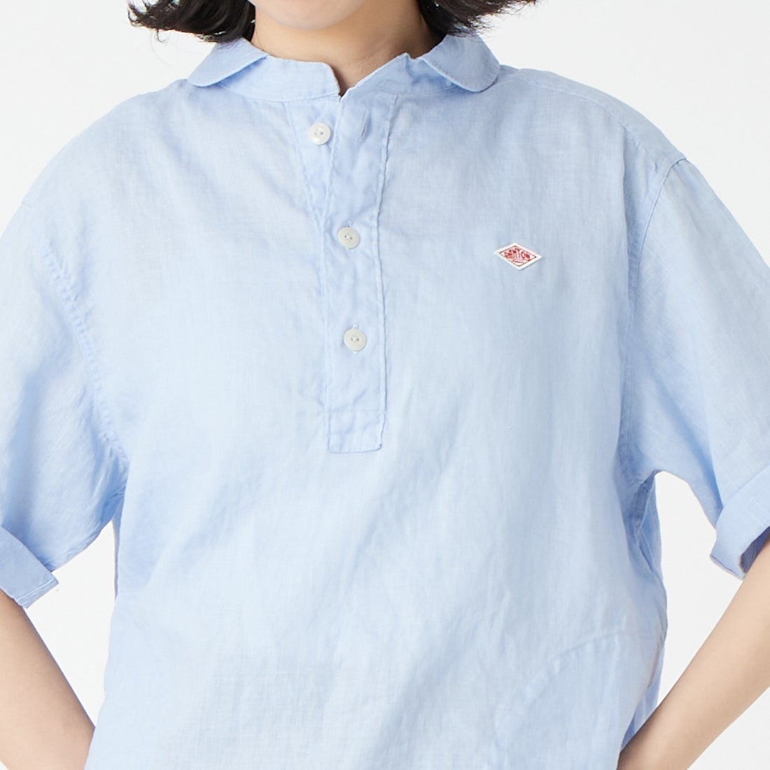 DANTON [ダントン] ラウンドカラー リネンプルオーバーシャツ [DT-B0283FLI] DK.SAX &&モデル身長：162cm 着用サイズ：36&&