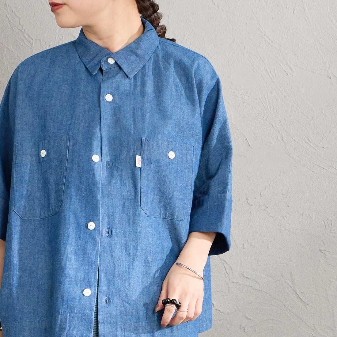 DANTON [ダントン] ワークシャツ [DT-B0345SCA] LT.INDIGO &&モデル身長：150cm 着用サイズ：36&&