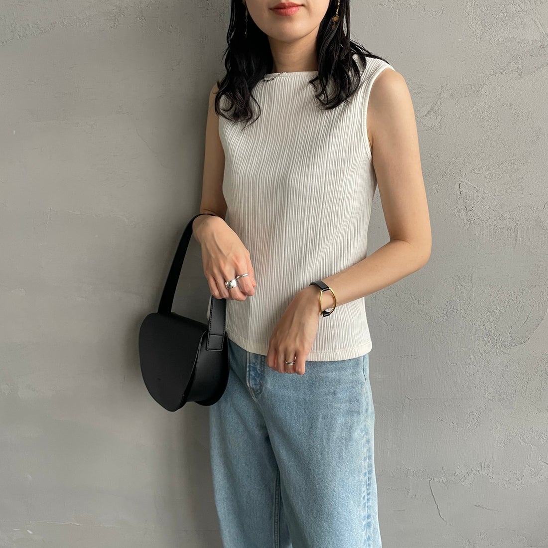 Noir Fabrik [ヌワールファブリック] ボートネックノースリーブリブカットソー [JFS-C092] O.WHITE &&モデル身長：160cm 着用サイズ：1&&