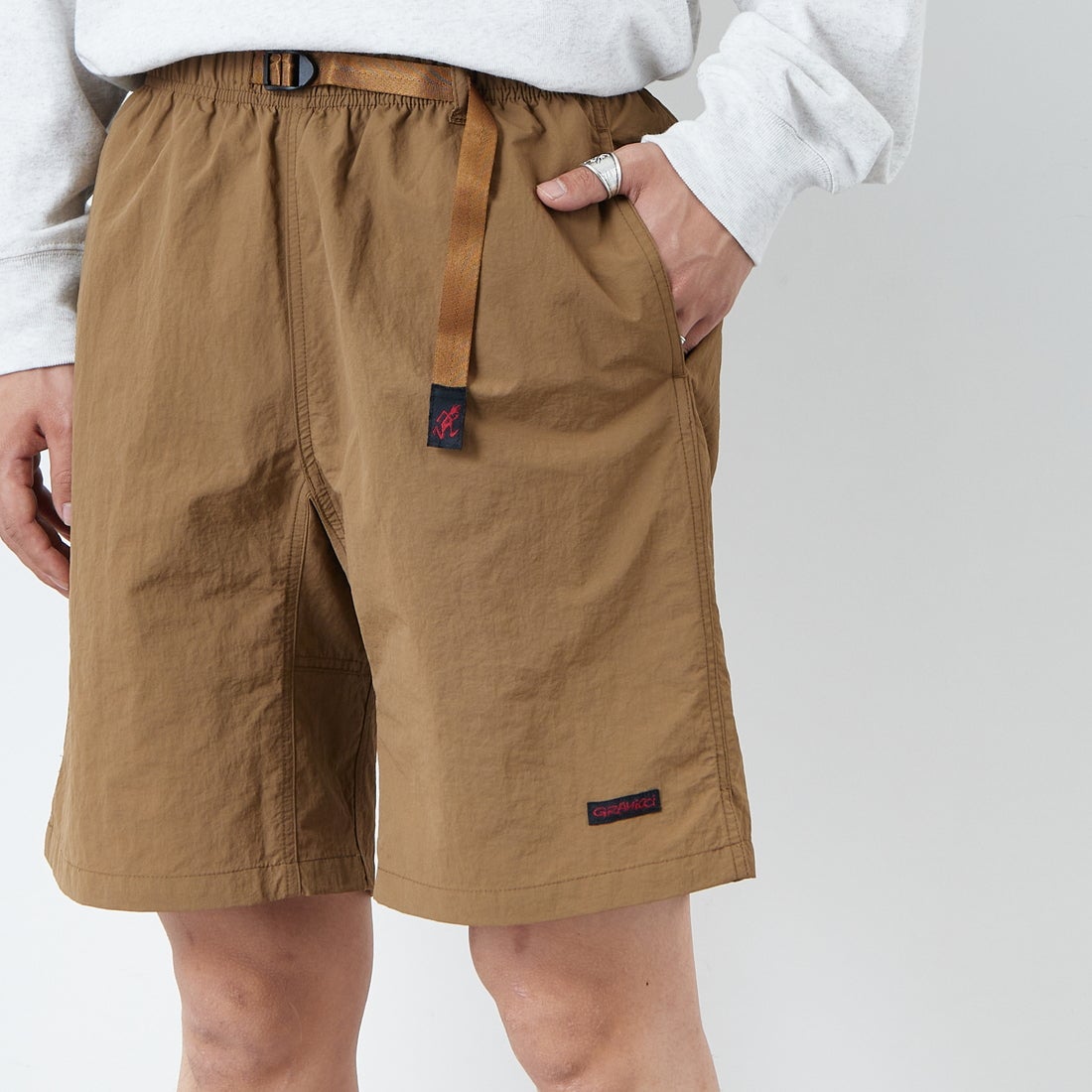 GRAMiCCi [グラミチ] ナイロンパッカブルGショーツ [G4SM-P146] COYOTE &&モデル身長：179cm 着用サイズ：L&&